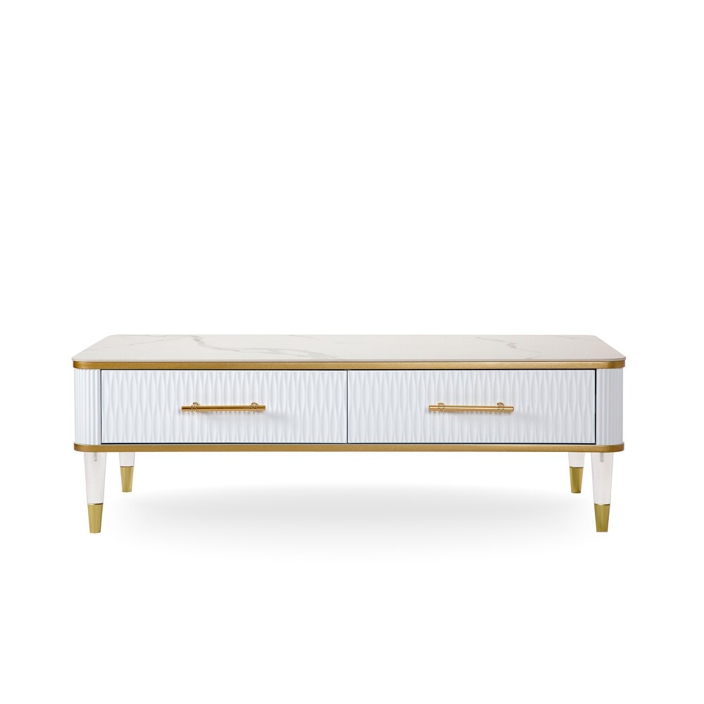 Luxo Nation Elegance: Contemporary Sintered Matte Stone Top Coffee Table with Drawer